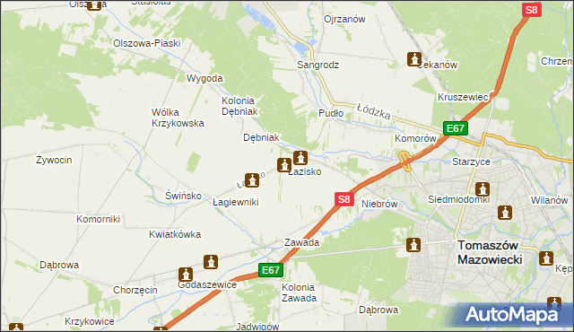 mapa Łazisko gmina Tomaszów Mazowiecki, Łazisko gmina Tomaszów Mazowiecki na mapie Targeo