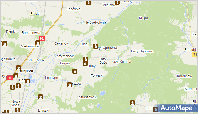 mapa Łazy Duże gmina Rozprza, Łazy Duże gmina Rozprza na mapie Targeo