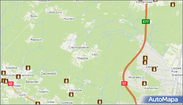 mapa Łazy gmina Szydłowiec, Łazy gmina Szydłowiec na mapie Targeo