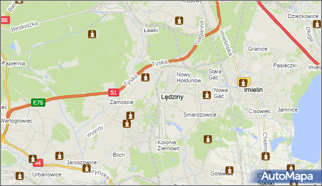 mapa Lędziny powiat bieruńsko-lędziński, Lędziny powiat bieruńsko-lędziński na mapie Targeo