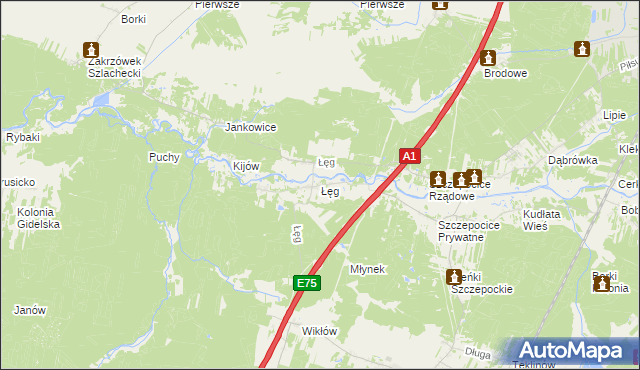 mapa Łęg gmina Kruszyna, Łęg gmina Kruszyna na mapie Targeo