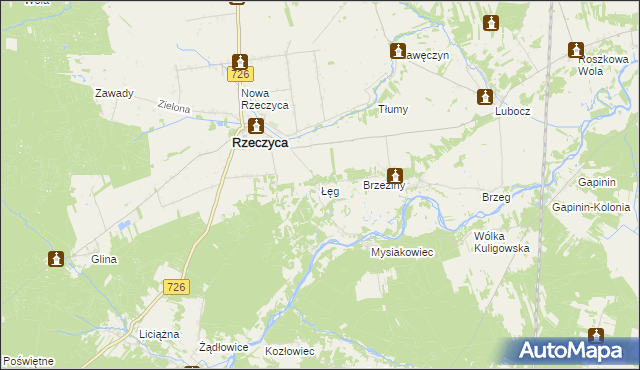 mapa Łęg gmina Rzeczyca, Łęg gmina Rzeczyca na mapie Targeo
