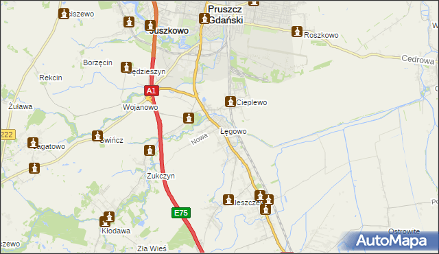 mapa Łęgowo gmina Pruszcz Gdański, Łęgowo gmina Pruszcz Gdański na mapie Targeo