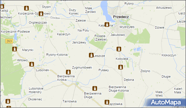 mapa Leszcze gmina Kłodawa, Leszcze gmina Kłodawa na mapie Targeo