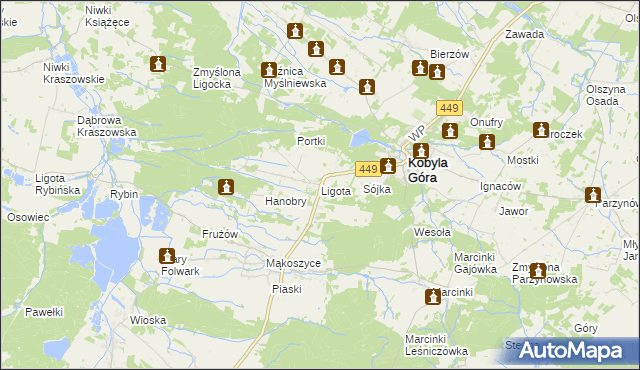 mapa Ligota gmina Kobyla Góra, Ligota gmina Kobyla Góra na mapie Targeo