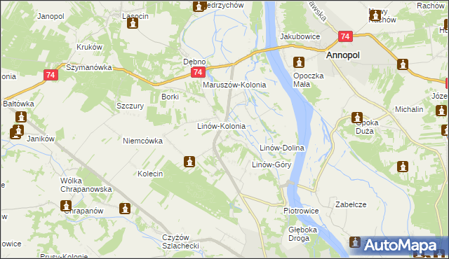 mapa Linów gmina Zawichost, Linów gmina Zawichost na mapie Targeo