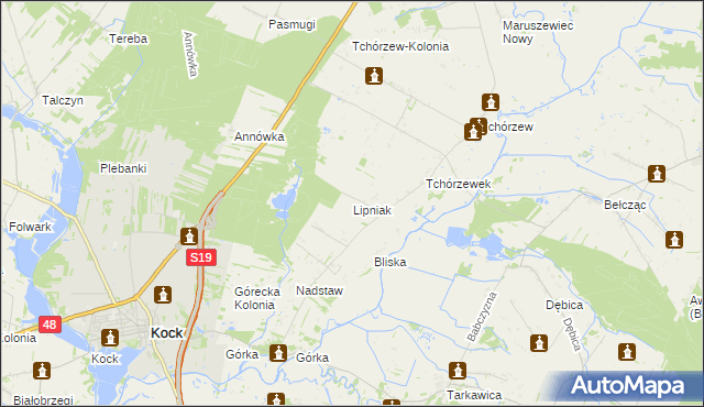 mapa Lipniak gmina Kock, Lipniak gmina Kock na mapie Targeo