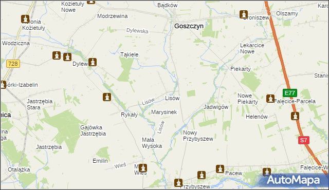 mapa Lisów gmina Promna, Lisów gmina Promna na mapie Targeo