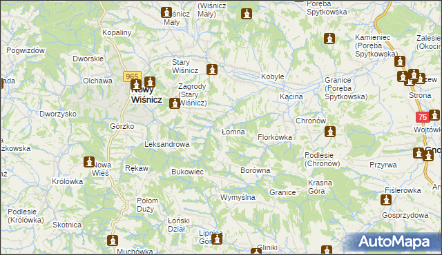 mapa Łomna gmina Nowy Wiśnicz, Łomna gmina Nowy Wiśnicz na mapie Targeo