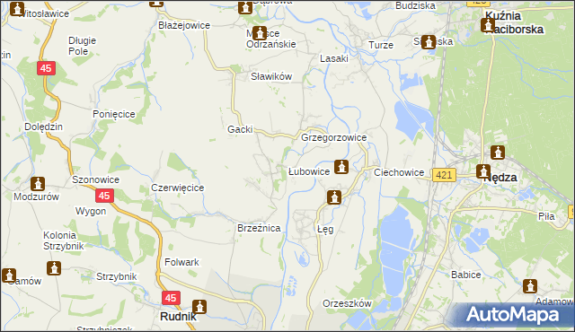 mapa Łubowice gmina Rudnik, Łubowice gmina Rudnik na mapie Targeo