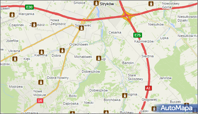 mapa Ługi gmina Stryków, Ługi gmina Stryków na mapie Targeo