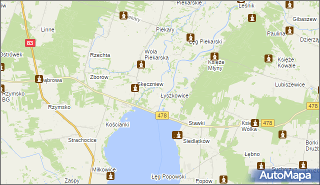 mapa Łyszkowice gmina Pęczniew, Łyszkowice gmina Pęczniew na mapie Targeo