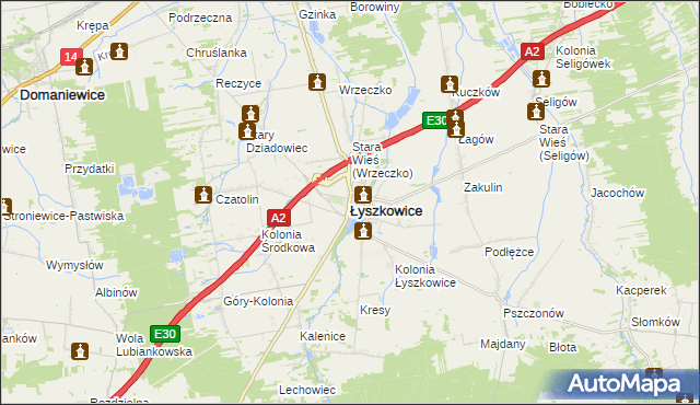 mapa Łyszkowice powiat łowicki, Łyszkowice powiat łowicki na mapie Targeo