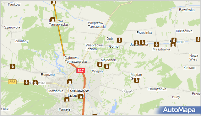 mapa Majdanek gmina Tomaszów Lubelski, Majdanek gmina Tomaszów Lubelski na mapie Targeo