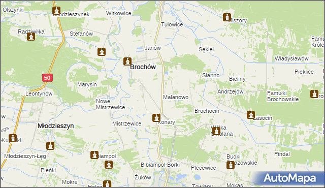 mapa Malanowo gmina Brochów, Malanowo gmina Brochów na mapie Targeo