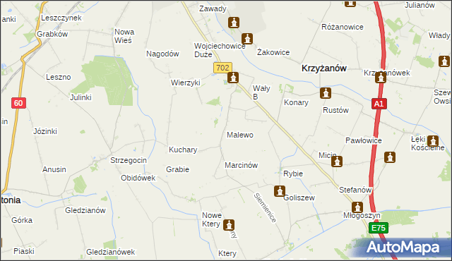 mapa Malewo gmina Krzyżanów, Malewo gmina Krzyżanów na mapie Targeo