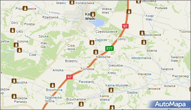 mapa Małoszów gmina Książ Wielki, Małoszów gmina Książ Wielki na mapie Targeo