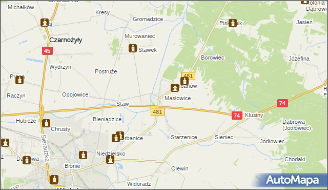 mapa Masłowice gmina Wieluń, Masłowice gmina Wieluń na mapie Targeo