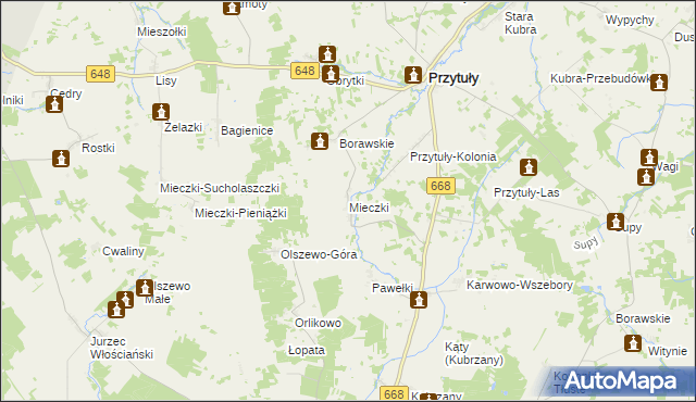 mapa Mieczki gmina Przytuły, Mieczki gmina Przytuły na mapie Targeo