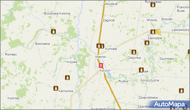 mapa Mielniki gmina Korycin, Mielniki gmina Korycin na mapie Targeo