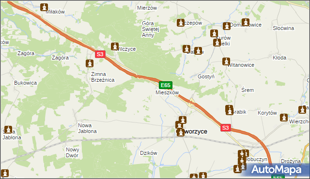 mapa Mieszków gmina Gaworzyce, Mieszków gmina Gaworzyce na mapie Targeo