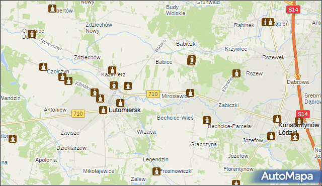 mapa Mirosławice gmina Lutomiersk, Mirosławice gmina Lutomiersk na mapie Targeo