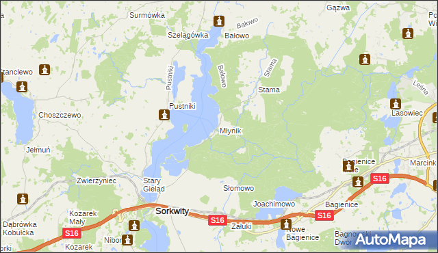 mapa Młynik gmina Sorkwity, Młynik gmina Sorkwity na mapie Targeo