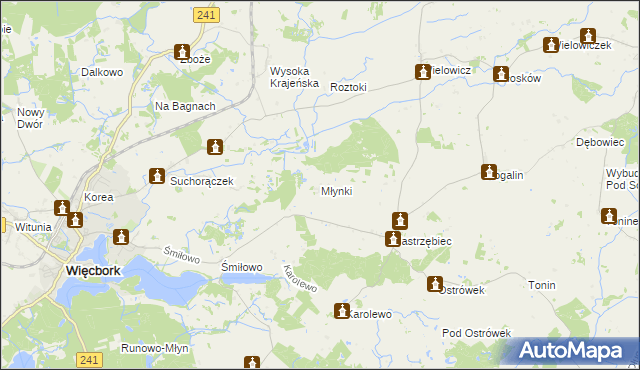 mapa Młynki gmina Więcbork, Młynki gmina Więcbork na mapie Targeo