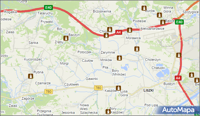 mapa Mników gmina Liszki, Mników gmina Liszki na mapie Targeo