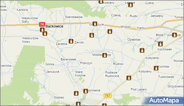 mapa Modliborzyce gmina Baćkowice, Modliborzyce gmina Baćkowice na mapie Targeo