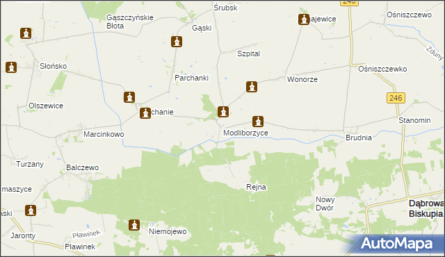 mapa Modliborzyce gmina Dąbrowa Biskupia, Modliborzyce gmina Dąbrowa Biskupia na mapie Targeo