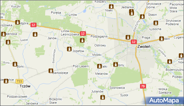 mapa Mostki gmina Zwoleń, Mostki gmina Zwoleń na mapie Targeo