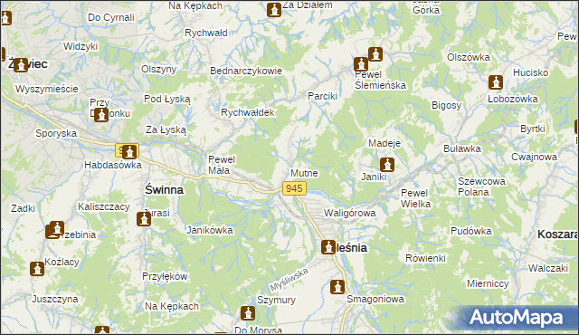 mapa Mutne, Mutne na mapie Targeo