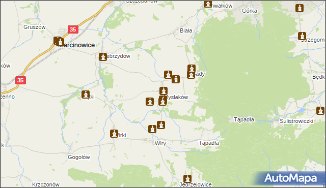 mapa Mysłaków gmina Marcinowice, Mysłaków gmina Marcinowice na mapie Targeo