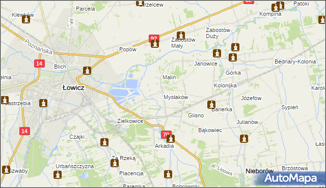 mapa Mysłaków gmina Nieborów, Mysłaków gmina Nieborów na mapie Targeo