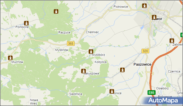 mapa Myślibórz gmina Paszowice, Myślibórz gmina Paszowice na mapie Targeo