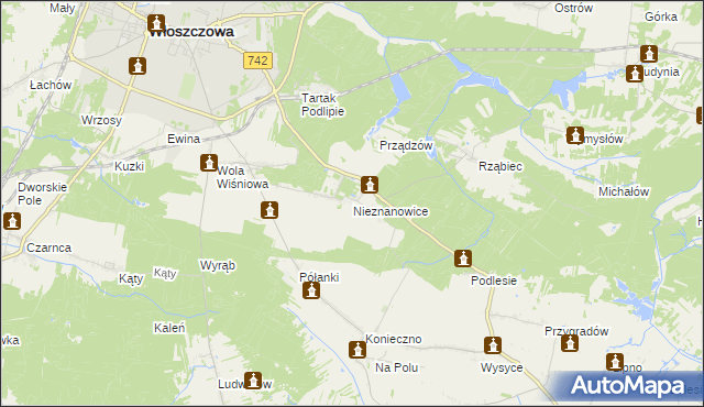 mapa Nieznanowice gmina Włoszczowa, Nieznanowice gmina Włoszczowa na mapie Targeo