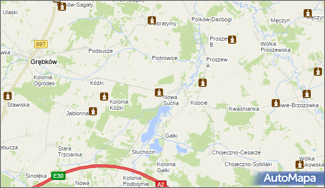 mapa Nowa Sucha gmina Grębków, Nowa Sucha gmina Grębków na mapie Targeo