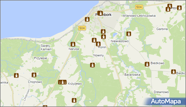 mapa Nowiny gmina Frombork, Nowiny gmina Frombork na mapie Targeo