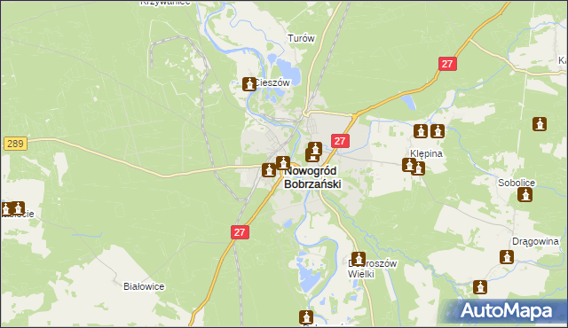 mapa Nowogród Bobrzański, Nowogród Bobrzański na mapie Targeo