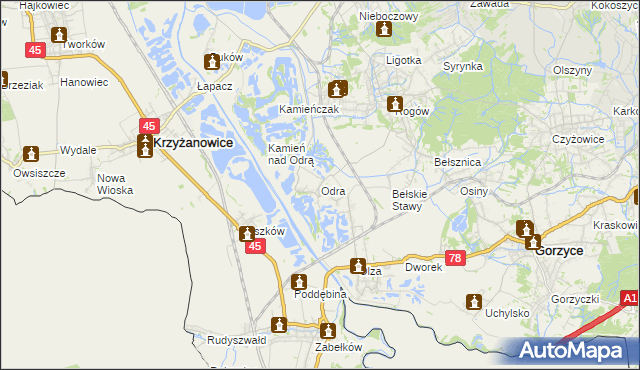 mapa Odra gmina Gorzyce, Odra gmina Gorzyce na mapie Targeo