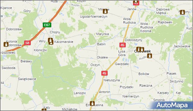 mapa Okalew gmina Ostrówek, Okalew gmina Ostrówek na mapie Targeo