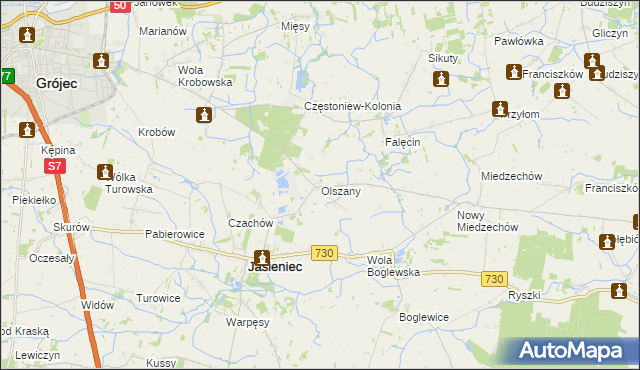 mapa Olszany gmina Jasieniec, Olszany gmina Jasieniec na mapie Targeo