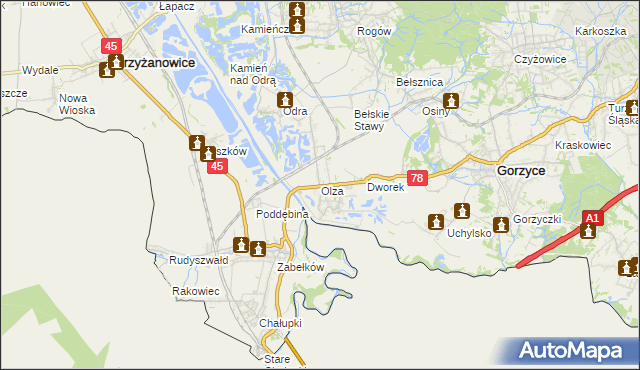mapa Olza gmina Gorzyce, Olza gmina Gorzyce na mapie Targeo