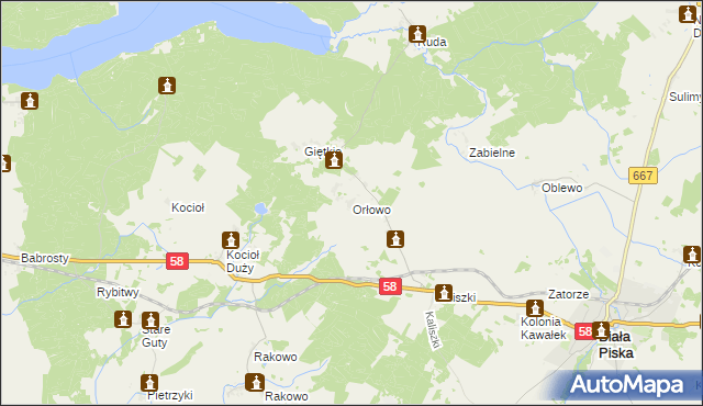 mapa Orłowo gmina Biała Piska, Orłowo gmina Biała Piska na mapie Targeo