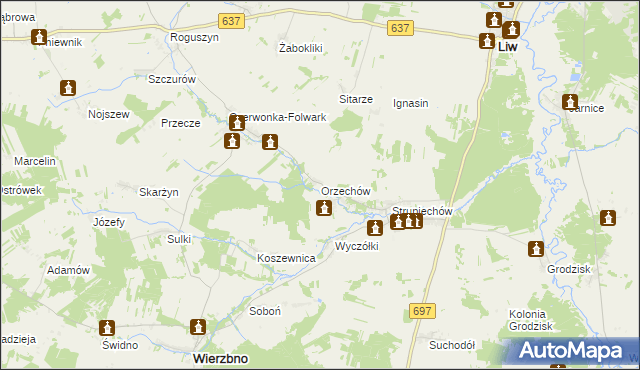 mapa Orzechów gmina Wierzbno, Orzechów gmina Wierzbno na mapie Targeo