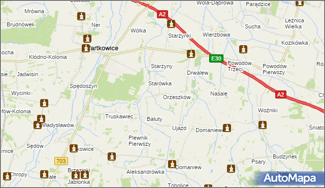 mapa Orzeszków gmina Wartkowice, Orzeszków gmina Wartkowice na mapie Targeo