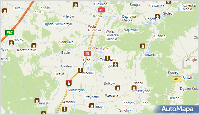 mapa Ostrówek powiat wieluński, Ostrówek powiat wieluński na mapie Targeo