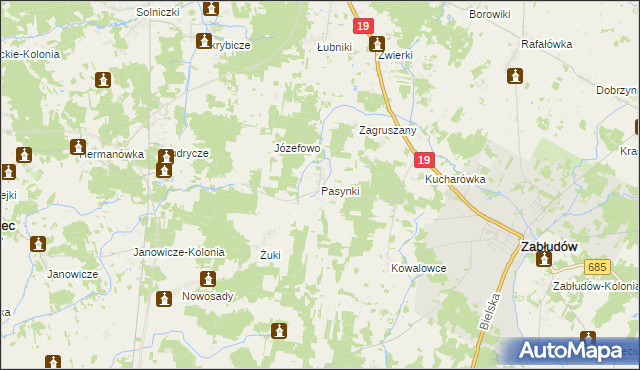 mapa Pasynki gmina Zabłudów, Pasynki gmina Zabłudów na mapie Targeo