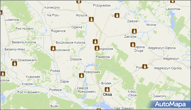 mapa Pawęzów gmina Oksa, Pawęzów gmina Oksa na mapie Targeo